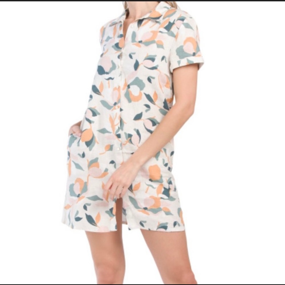 Rachel Zoe 100% Linen Floral Short Sleeved Shirt Dress with Pockets